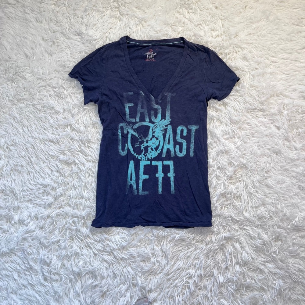 y2k american eagle navy blue graphic v neck top large